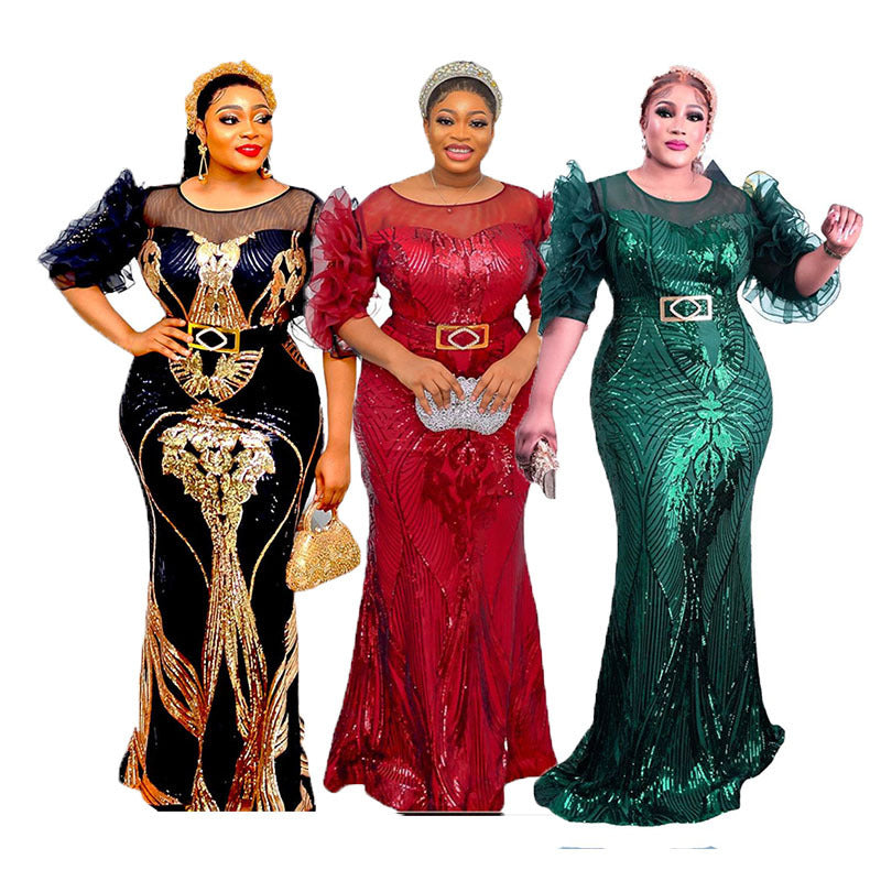 supply of african women's clothing sequin dress silm fishtail long skirt bubble mesh sleeves fashion evening wear fashion