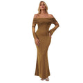 new european and american style women's winter one-shoulder mesh dress with silver thread, waist-cinching, and bodycon design