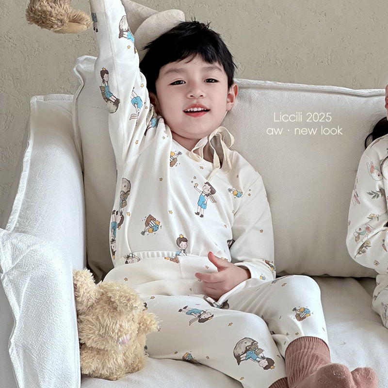 Kids' thermal underwear set - boys' and girls' autumn/winter warm base layer loungewear - soft fleece cotton seamless pajamas
