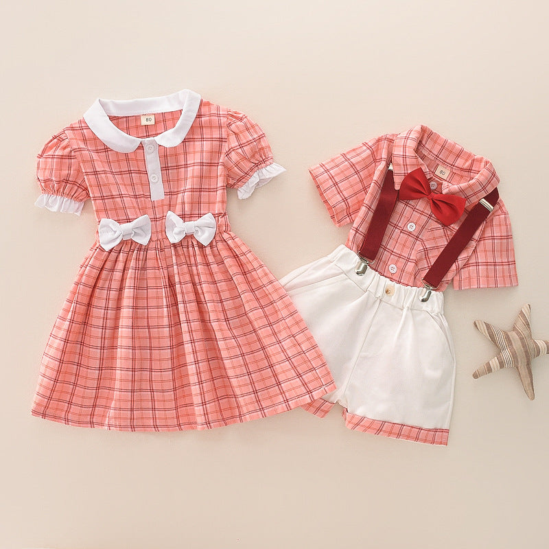 Amazon's new children's clothing brother and sister plaid + shorts suit beach vacation style short-sleeved shorts two-piece set