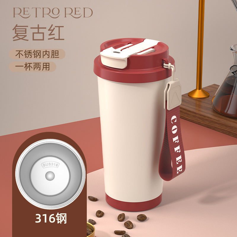 Simple 316 stainless steel octagonal coffee mug - portable cola cup with carry strap, outdoor car vacuum insulated tumbler - customizable