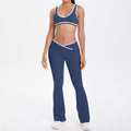 new color block spliced high-waisted flared leggings and top activewear set for women - perfect for outdoor running, fitness, and yoga