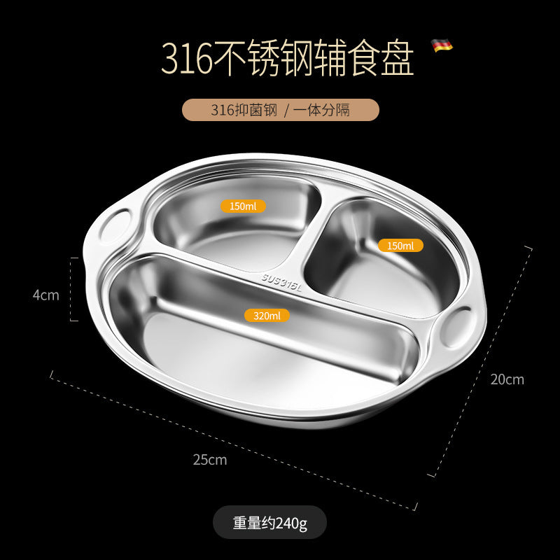 316L stainless steel children's grid dinner plate with non-slip silicone suction cup children's cute baby eating tableware lunch box