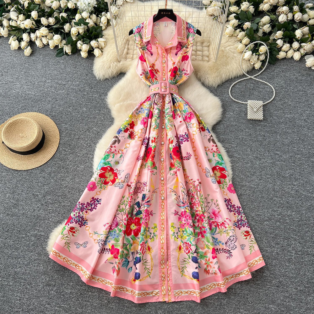 Spring printing dress women's new arrivalfashionretro lapel waist sleeveless single breasted pleated long skirt