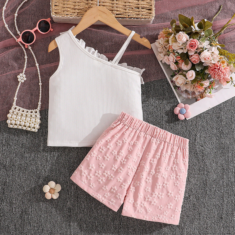 spring/summer new arrival: cross-border girls' fashion one-shoulder camisole top with sweet jacquard bow skirt pants set