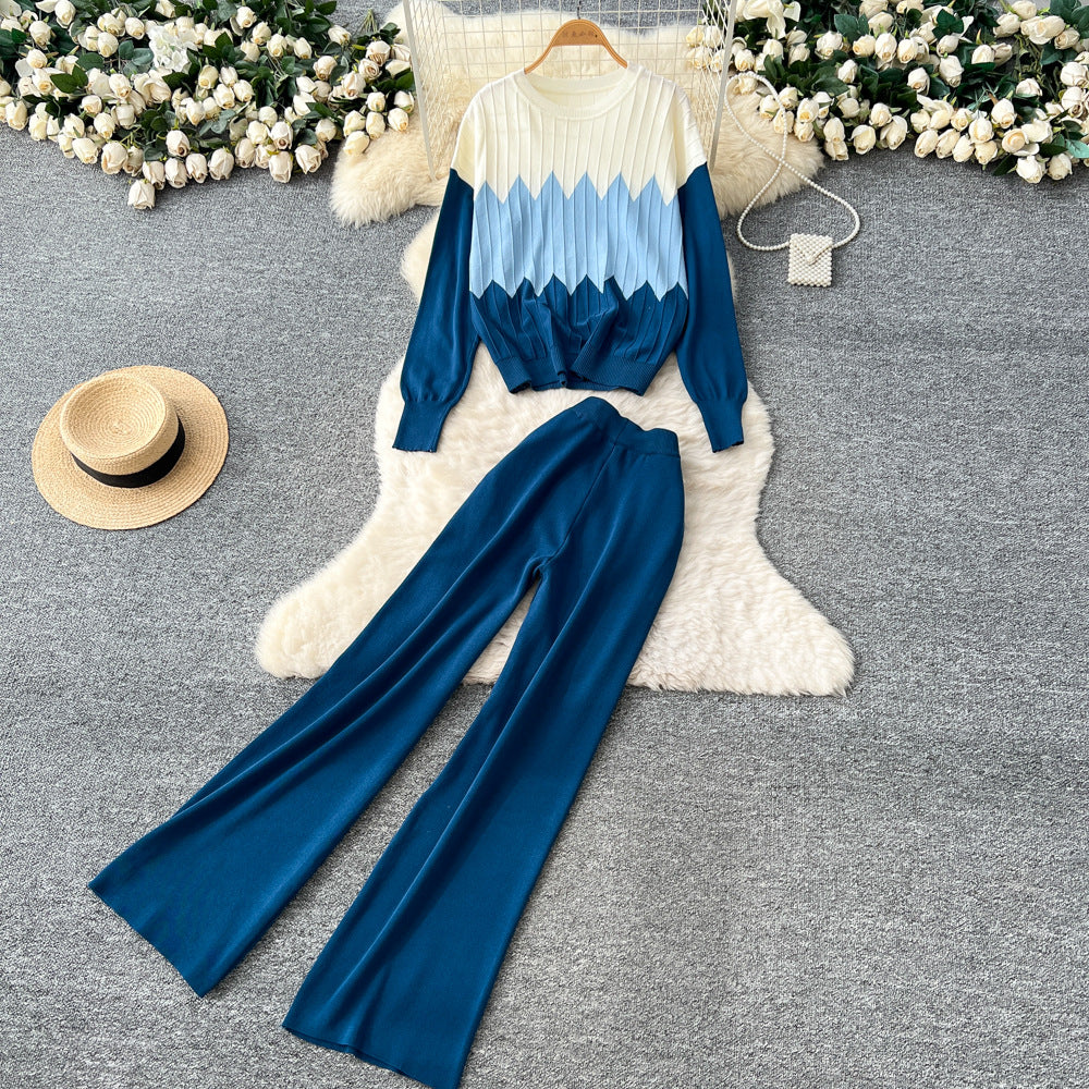 Korean style casual fashion color block crew neck long sleeve knit top women's autumn/winter high waist slimming wide leg pants sweater set