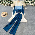 Korean style casual fashion color block crew neck long sleeve knit top women's autumn/winter high waist slimming wide leg pants sweater set