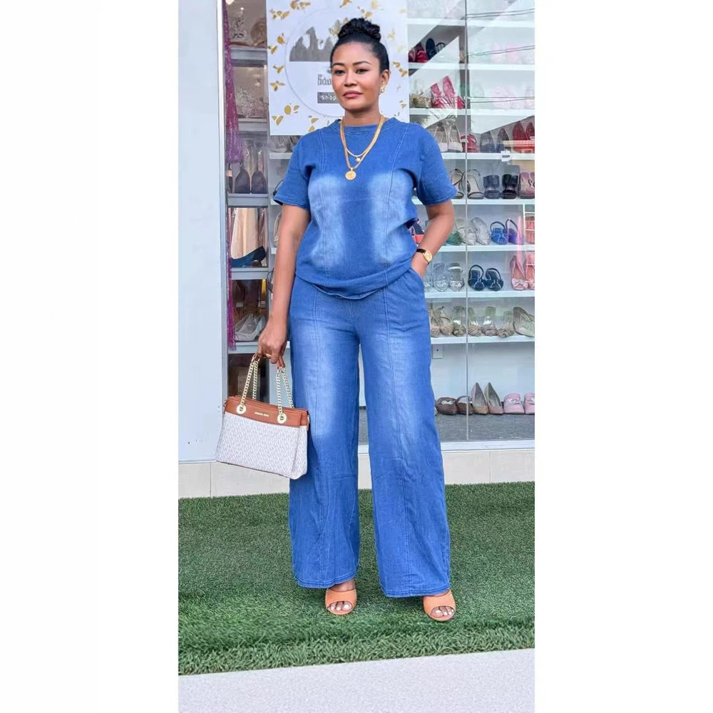 new european and american cross-border   fashionable washed blue loose-fit short sleeve denim two-piece set
