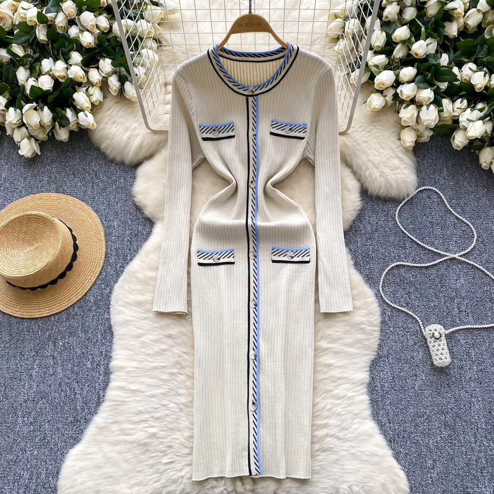 Classy small fragrance style retrocontrast color round neck button decoration waist slimming lookelegant bottom knitting shirt dress