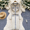 Classy small fragrance style retrocontrast color round neck button decoration waist slimming lookelegant bottom knitting shirt dress