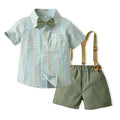 New arrivals: cross-border japanese & korean style boys' outfit - short-sleeve plaid shirt, overalls, and bow tie gentleman's suit