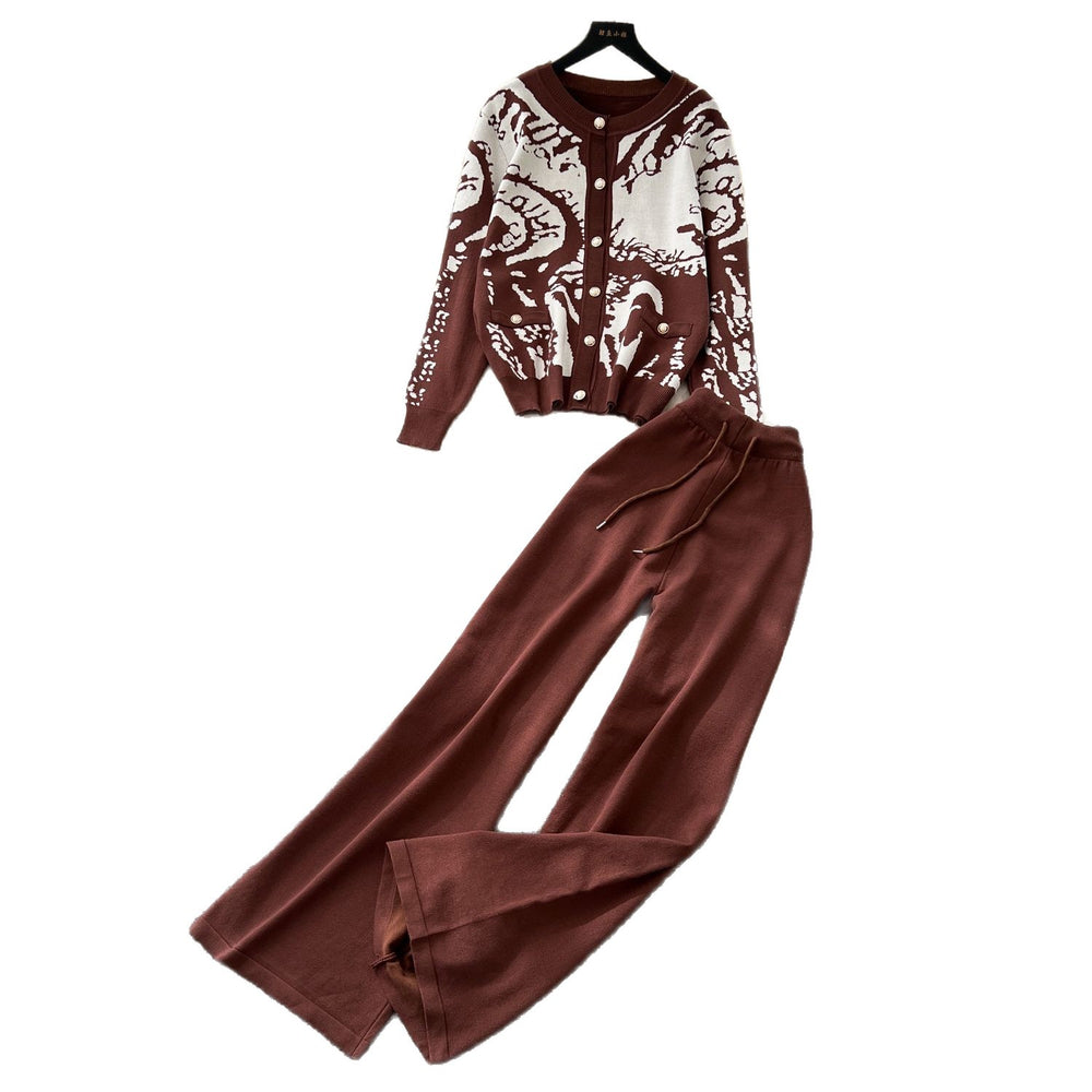 High-end fashionablecontrast colorprinting round neck long sleevesknittingcardigansweater women's high waistloose pantsautumsuit
