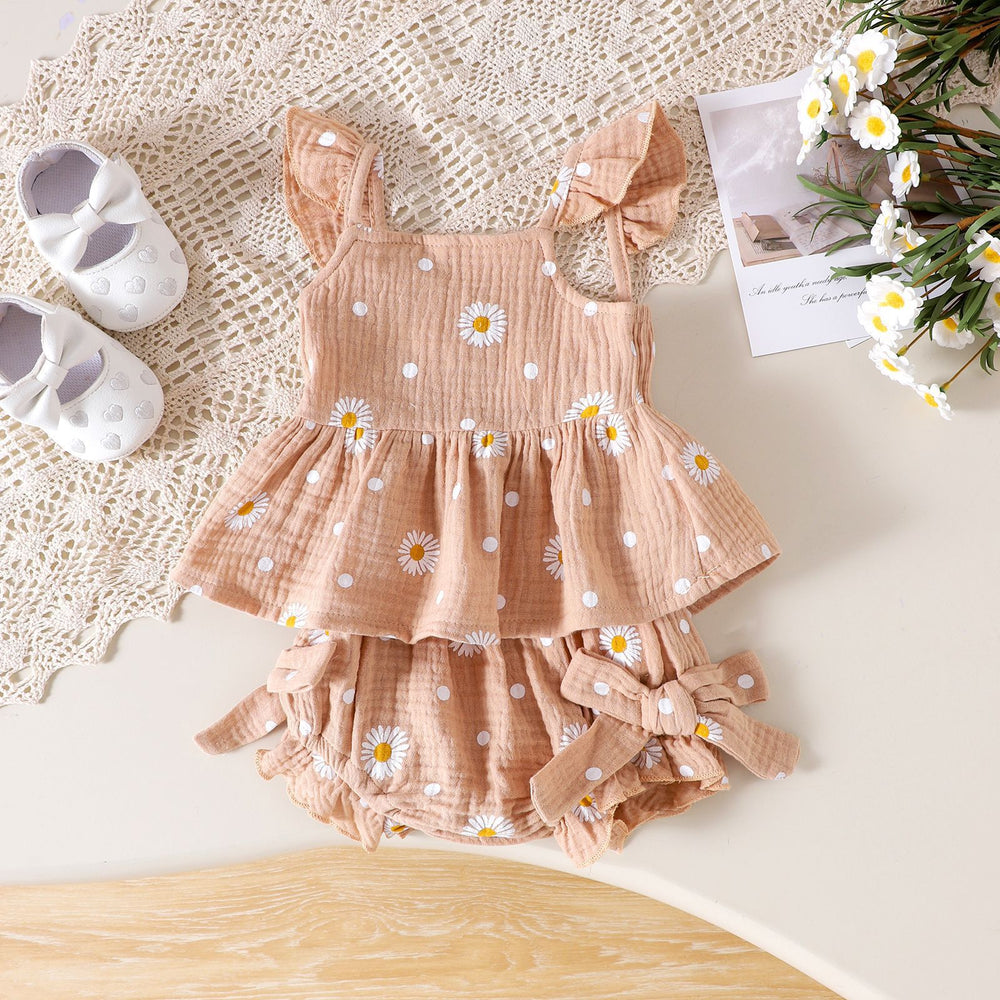 new product fashionsummer baby girl flying sleeve small daisy short-sleeved shorts cute children's clothing wholesale