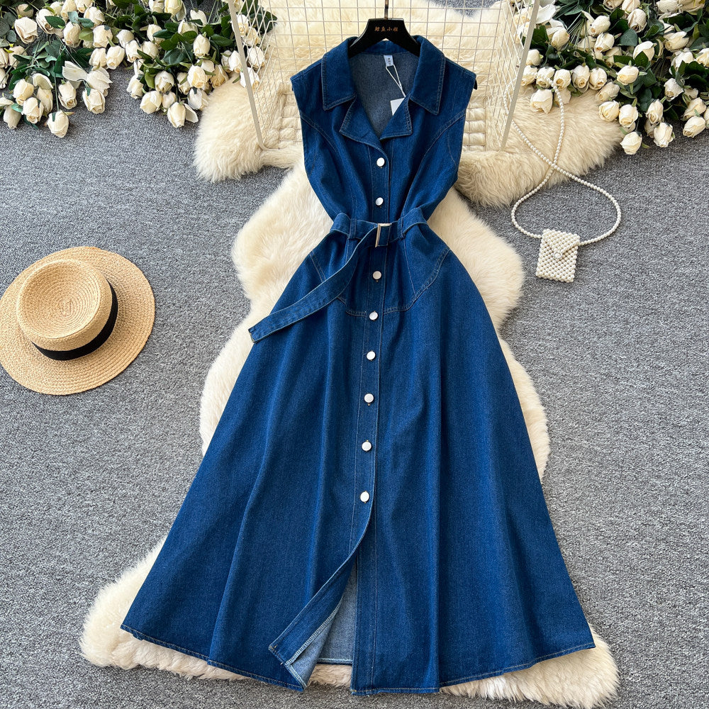 K-styleclassy lapel sleeveless single-breasted waist denim dress women's summerslimming lookeleganceelegance long skirt