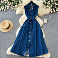 K-styleclassy lapel sleeveless single-breasted waist denim dress women's summerslimming lookeleganceelegance long skirt