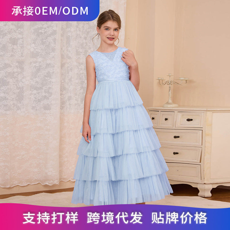 Custom girls' formal dresses, tiered cake dresses, long vest dresses, cross-border e-commerce, big & tall girls' dresses, french princess dresses