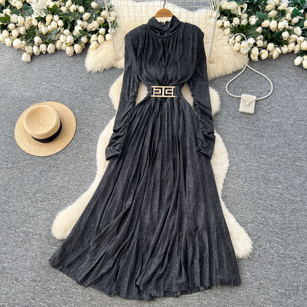 high-end v neck pleated long sleeves waist dress women's slimming look a-line long skirt work clothingelegant large swing long skirt