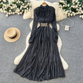 high-end v neck pleated long sleeves waist dress women's slimming look a-line long skirt work clothingelegant large swing long skirt
