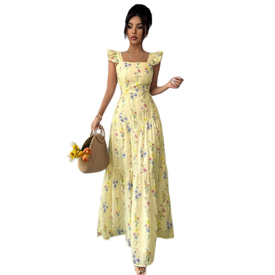 european and american cross-border summer new sweet floral print french style halter neck bodycon dress