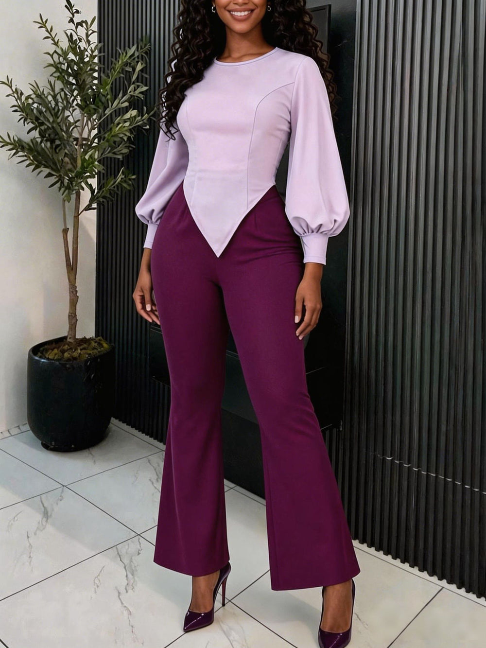 work clothing lantern sleeve casualtwo-piece set waist asymmetrical topseasiest for match flarepantspurplesuit