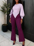 work clothing lantern sleeve casualtwo-piece set waist asymmetrical topseasiest for match flarepantspurplesuit
