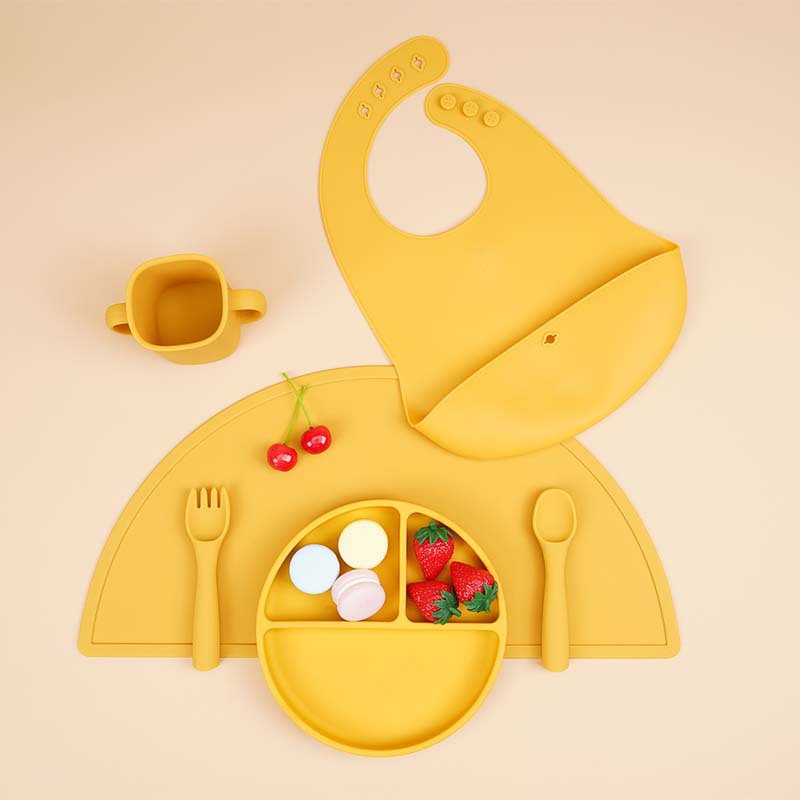 Children's food-grade silicone tableware set, baby separation plate, saliva pocket, complementary food bowl, six-piece tableware set