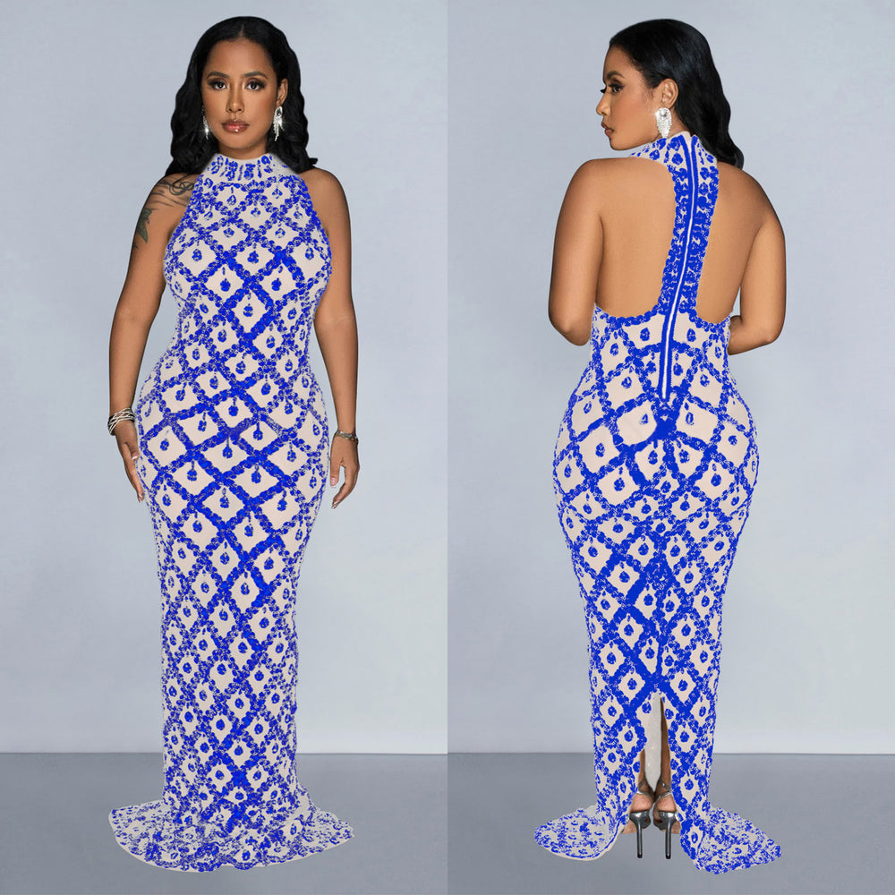 C6895 cross-border   fashion women's solid color sequin halter backless maxi dress