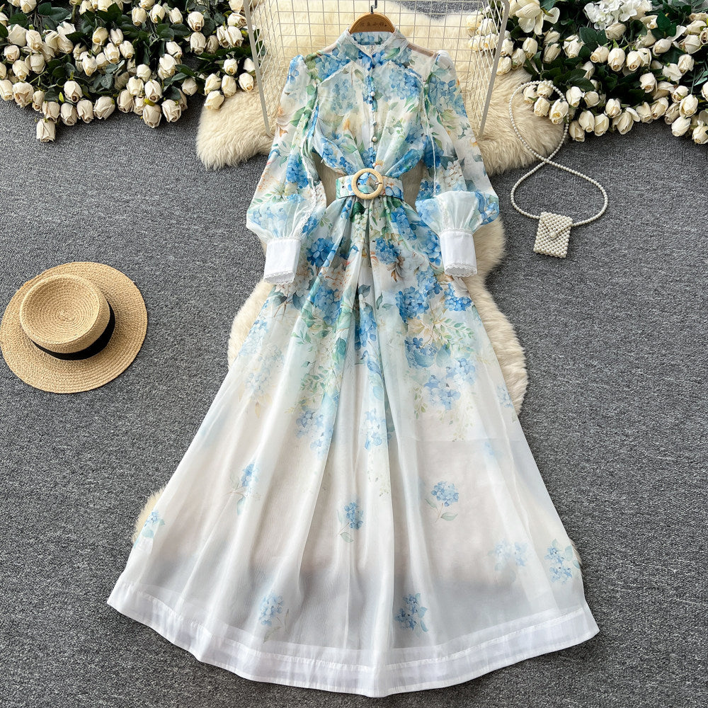French chic lace trim floral print dress - women's stand collar long sleeve cinched waist tie a-line maxi dress - perfect for work