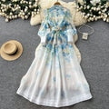 French chic lace trim floral print dress - women's stand collar long sleeve cinched waist tie a-line maxi dress - perfect for work