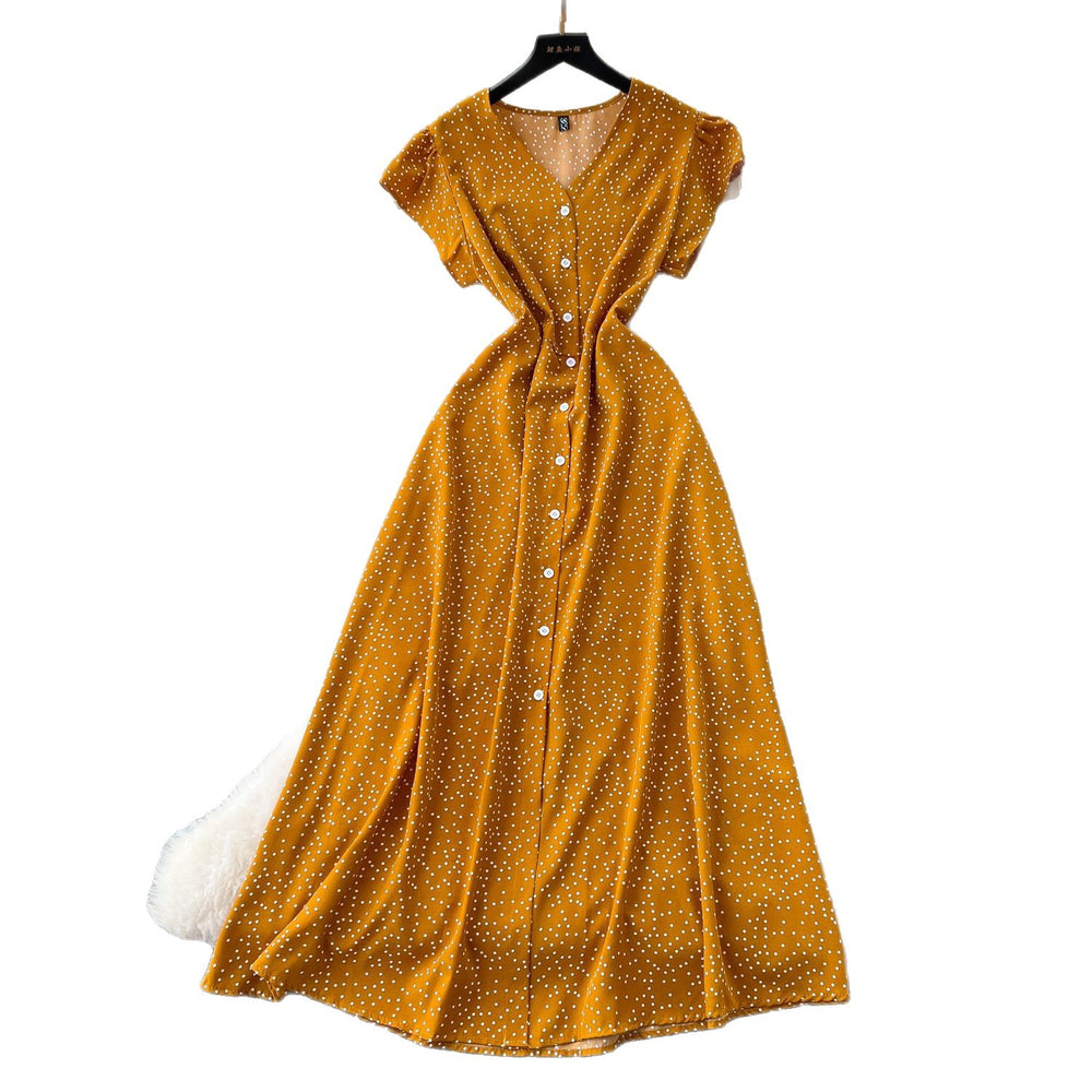French retro v-neck flutter sleeve fitted waist dress - women's 2025 summer slimming elegant single-breasted floral maxi dress