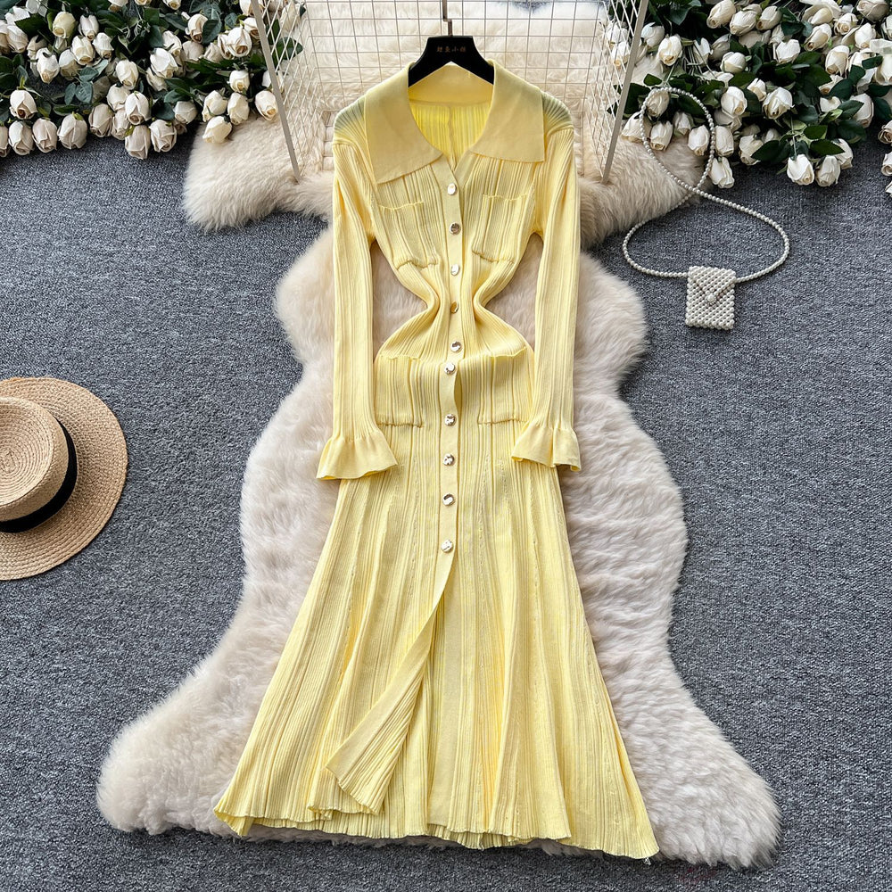 French chic knitted dress -  autumn/winter new arrival - high-end long sleeve, cinched waist, elegant dress