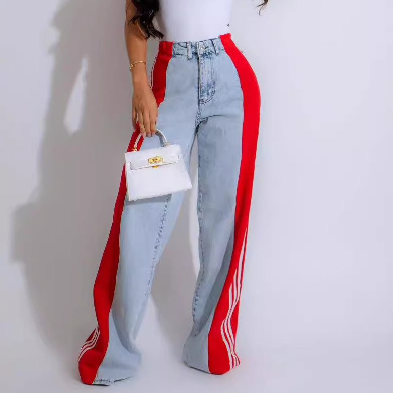 new european and american style fashion denim patchwork three-stripe wide-leg jeans casual stretch straight-leg trousers