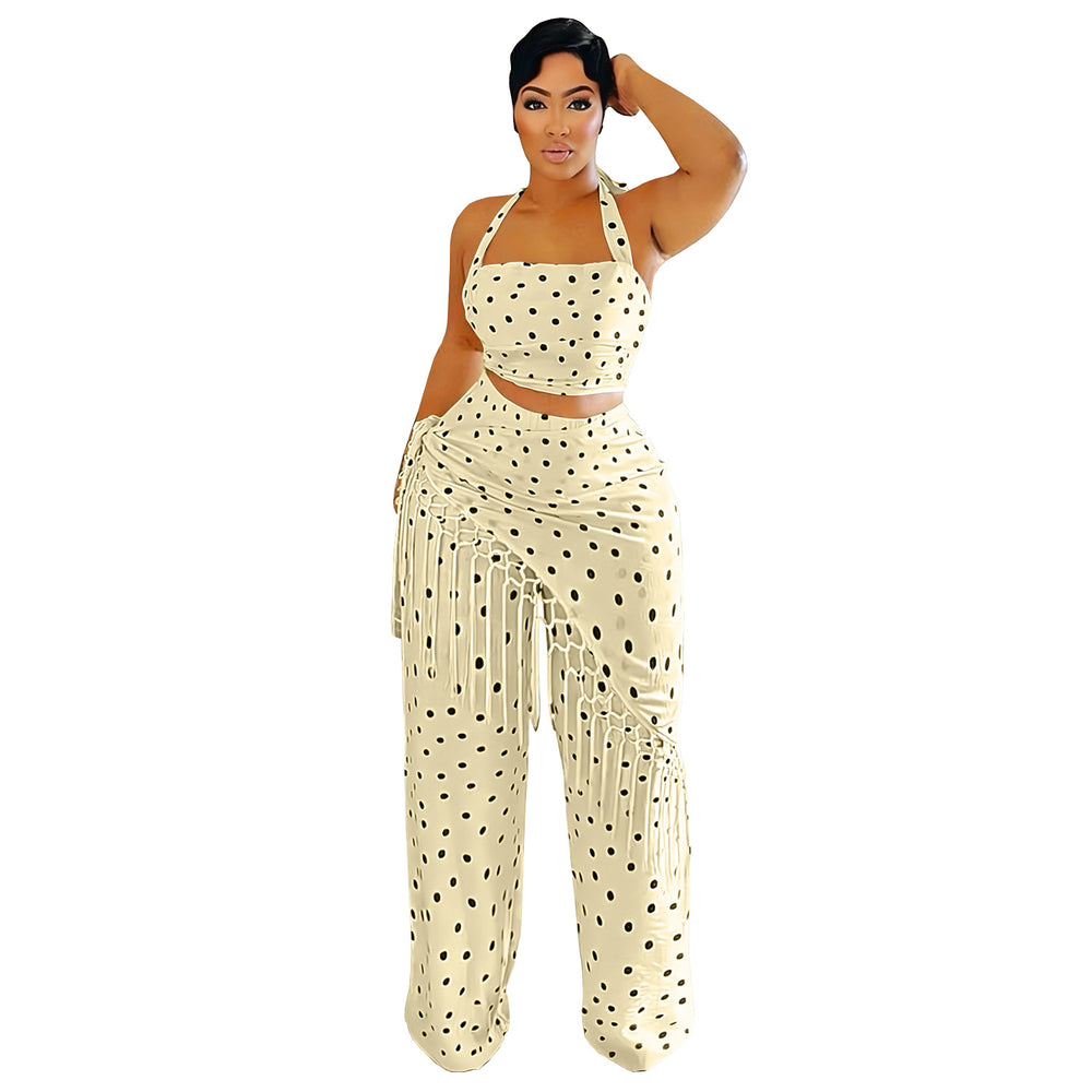 C7695 cross-border   fashion women's casual thin tassel polka dot wide-leg pants set