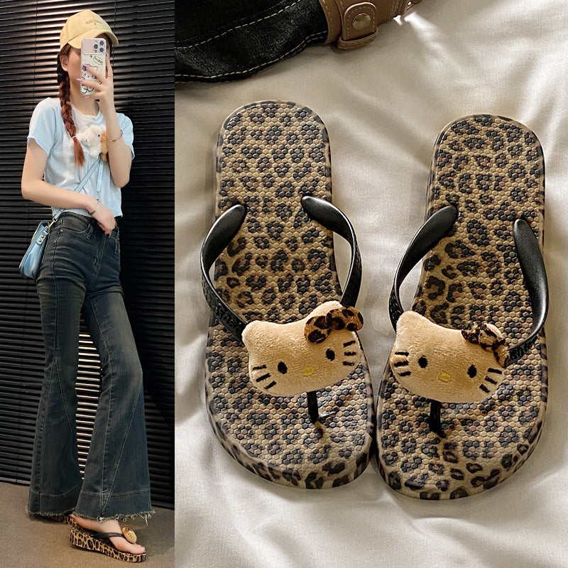 Trendy leopard print flip-flops for women - new summer fashion, versatile, thick-soled, non-slip, lightweight beach sandals