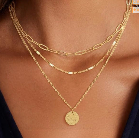 Brass real gold plated european and american cross-border hot selling minimalist twisted circle pendant fashion necklace for women - three layers