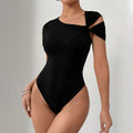 Summer women's asymmetrical one-shoulder twist knot short sleeve slim-fit bodysuit - versatile top for layering or wearing solo - european & american style - cross-border fashion