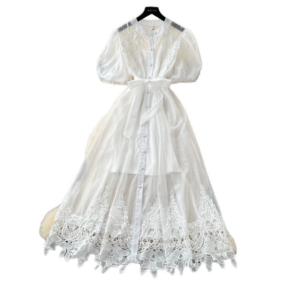 French romantic puff sleeve lace dress - women's summer tie-waist, breathable, figure-flattering a-line maxi dress - elegant style