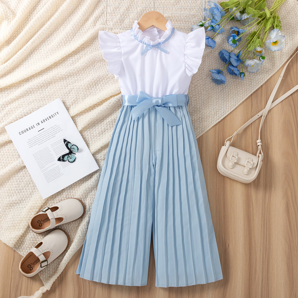 european and american style cross-border girls' flutter sleeve ruffle collar top with pleated wide-leg pants and belt (jumpsuit)