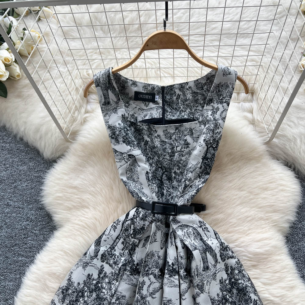 French retro high-end elegant square neck sleeveless printed dress - women's  new arrival - tie-waist maxi dress with flared skirt