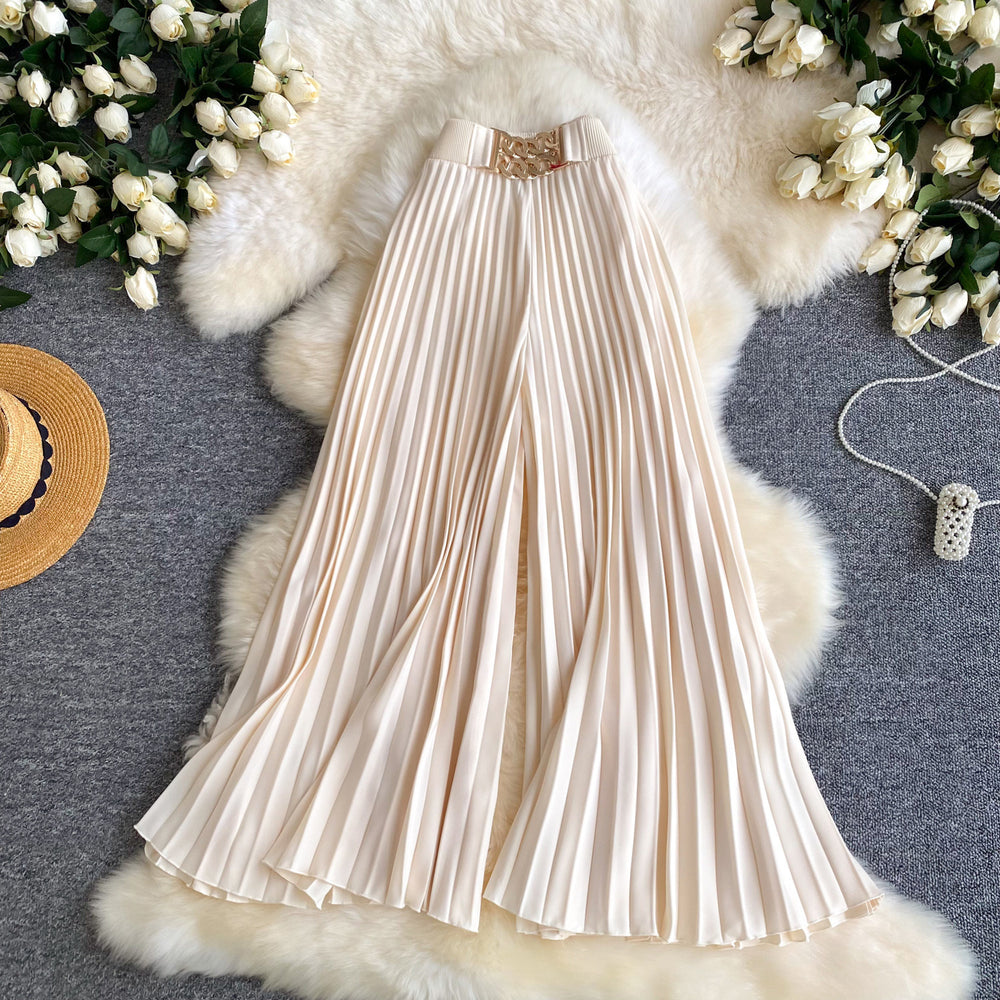 Summer lightweight casual pants for women - drawstring elastic waist, wide leg, loose fit, slimming, drapey, pleated trousers