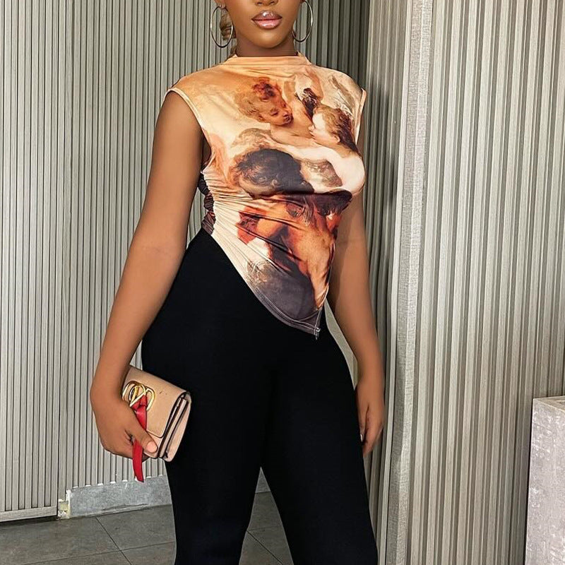 Fashioninsexport women's fashion angel printing t-shirt pullover sleeveless asymmetrical tops trendy women's one piece dropshipping