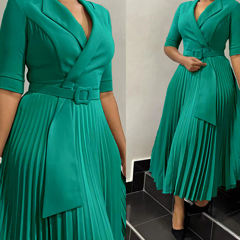 C8599exportfall and winternew arrivalwomen's olfashion suit collar pleated waistplus size africandress