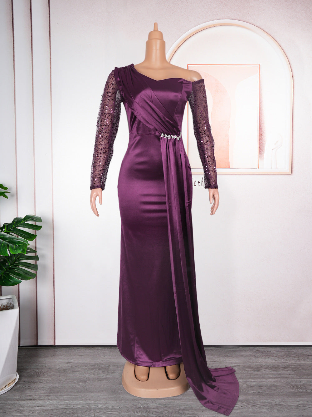 new european and american style plus size african women's bridesmaid dress  train evening gown