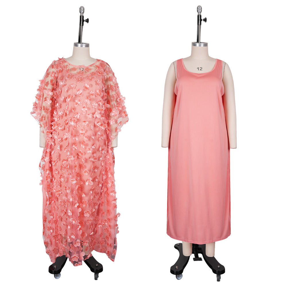 African women's dress 3d embroidered floral mesh round neck batwing sleeve loose plus size robe + vest maxi dress