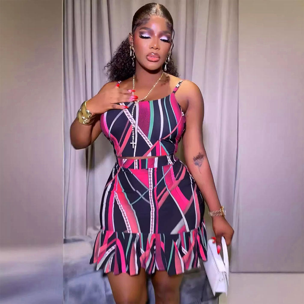 S10839 Europe and America, suspender printing hip-wrapped elastic lace two-piece skirt