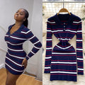 Autumn french retrofashionablecontrast colorstripesdress women's waist slimmingelegant lapel long sleevessweater skirt
