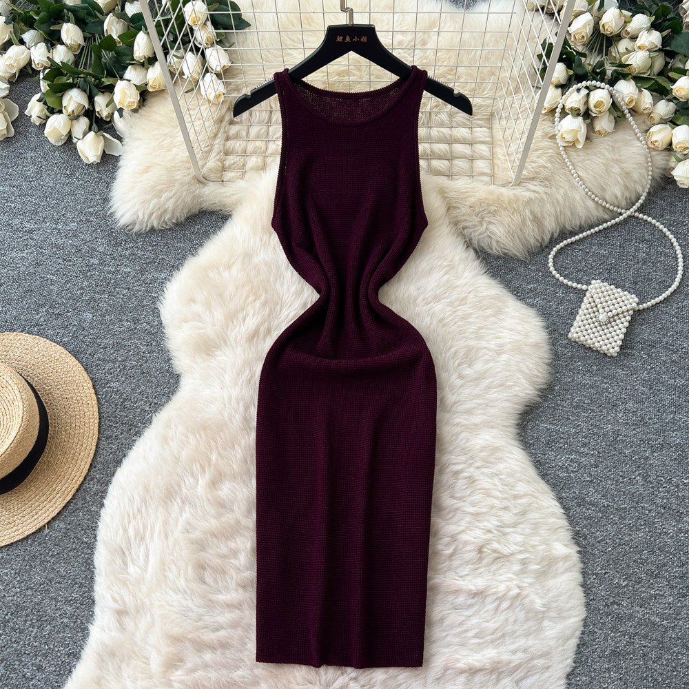 Korean style sleeveless minimalist knit versatile dress - women's summer high-waisted slimming casual a-line dress - light luxury