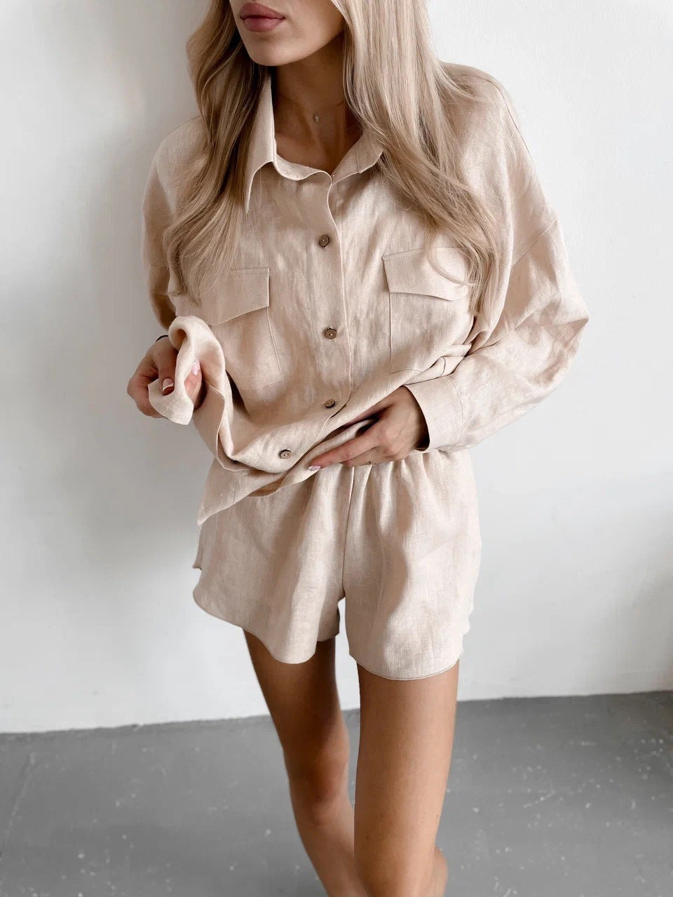 European and American new cardigan shorts set casual long-sleeved top elastic waist shorts two-piece set fashionable women's set