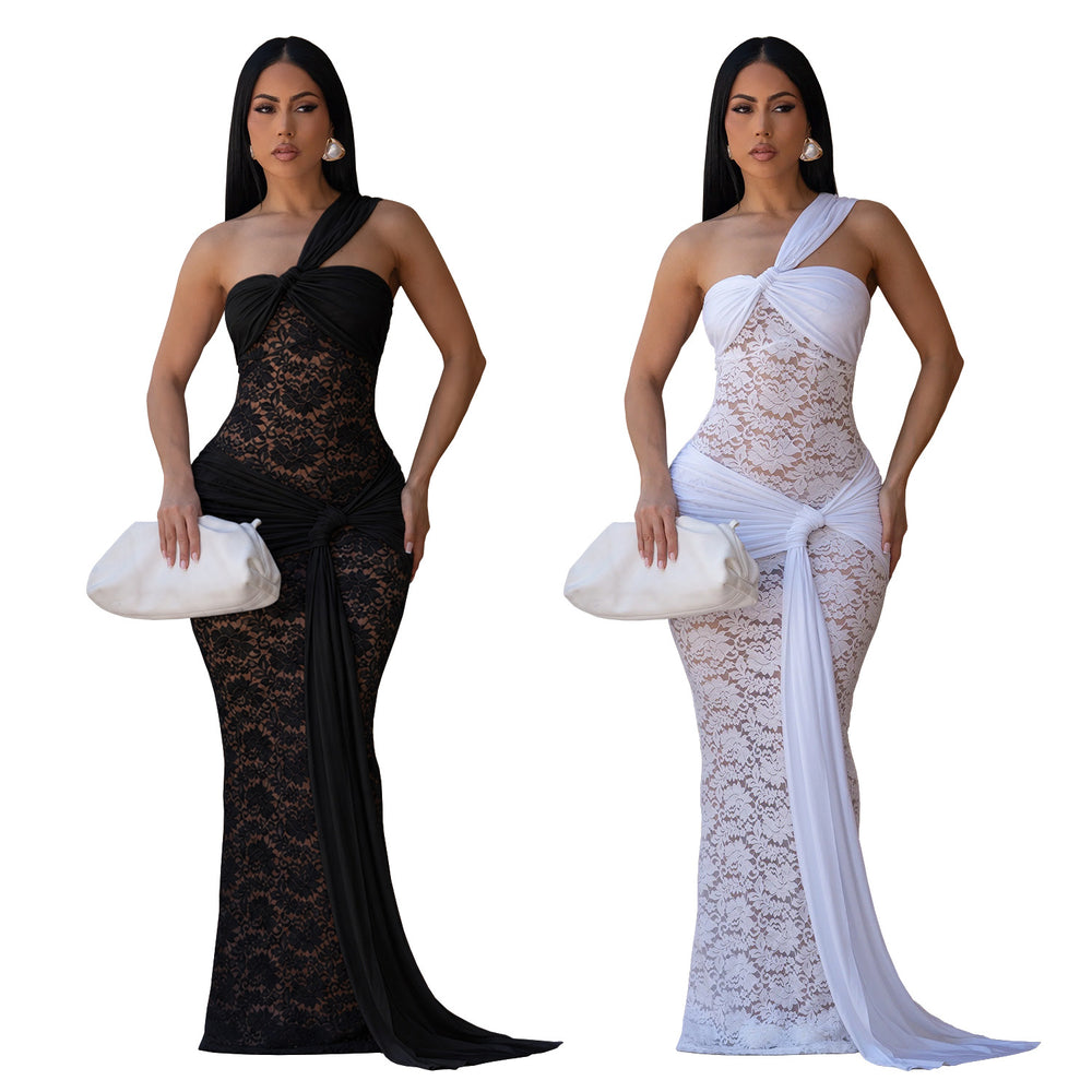 C7692 cross-border   fashion women's sexy lace one-shoulder ruffle bodycon dress