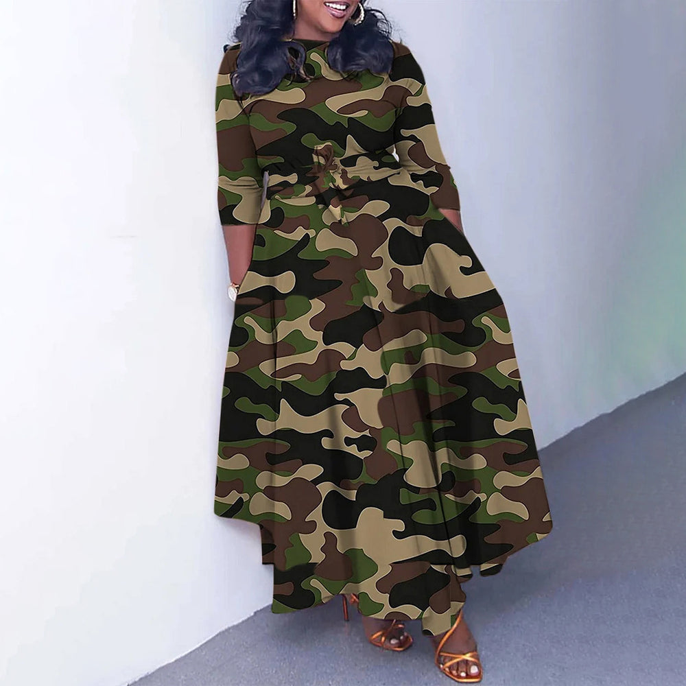 Amazon women's spring  new fashionable elegant printed tie-waist maxi dress - plus size available for export